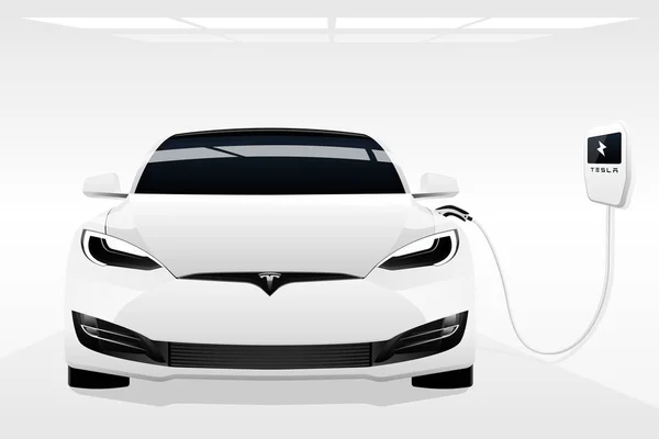 Білий Електромобіль Tesla Model Заряджальною Станцією Приклад Вектора — стоковий вектор