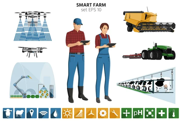 Set Agricoltura Intelligente Agricoltori Moderni Con Tablet Digitale Raccoglitore Autonomo — Vettoriale Stock