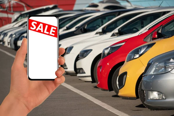 Hand Phone Background Rows Cars Car Sales — Stock Photo, Image