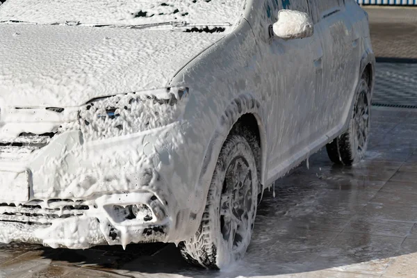 Self Service High Pressure Car Wash Vehicle Covered Foam — Stock Photo, Image