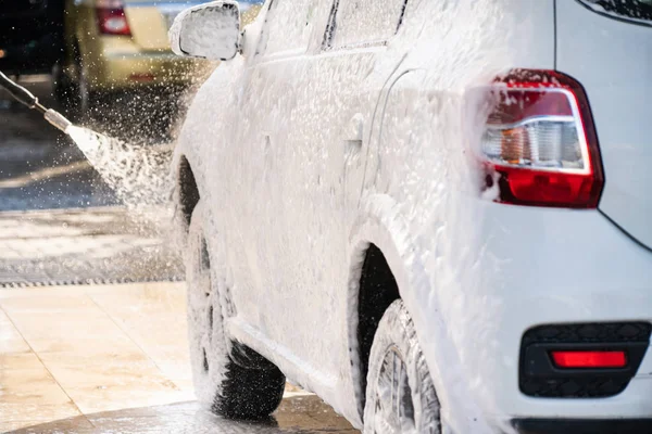 Self Service High Pressure Car Wash Vehicle Covered Foam — Stock Photo, Image