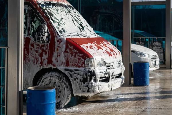 Self Service High Pressure Car Wash Vehicle Covered Foam — Stock Photo, Image