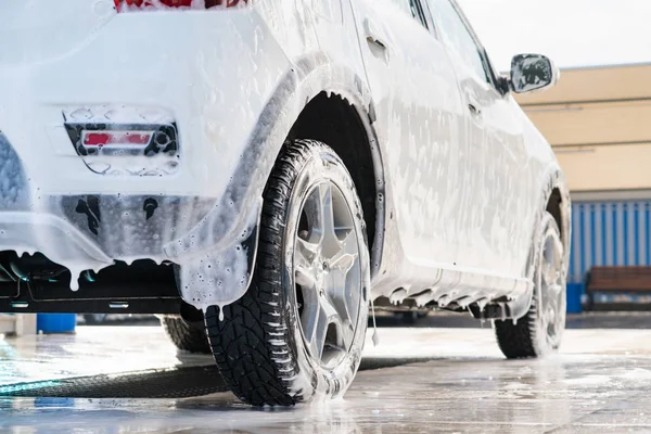Self Service High Pressure Car Wash Vehicle Covered Foam — Stock Photo, Image