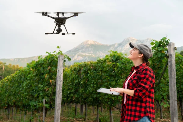 Mulher Agricultora Controla Drone Com Tablet Agricultura Inteligente Agricultura — Fotografia de Stock