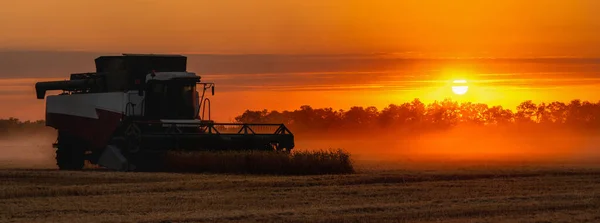 Combiner Moissonneuse Sur Terrain Coucher Soleil — Photo