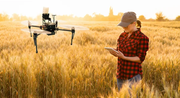 Női Farmer Egy Tablettával Irányítja Drónpermetezőt Intelligens Gazdálkodás Precíziós Mezőgazdaság — Stock Fotó