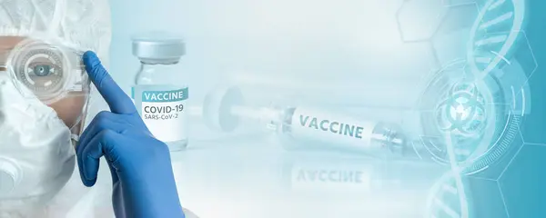 Doctor Protective Suit Background Syringe Inscription Vaccine Coronavirus Vaccine Development — Stock Photo, Image