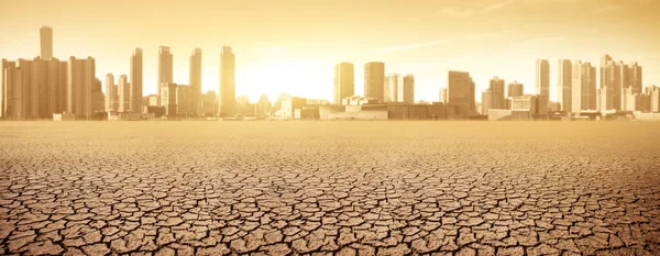 Postapokalyptiskt Landskap Staden Efter Effekterna Den Globala Uppvärmningen Klimatförändringskoncept — Stockfoto