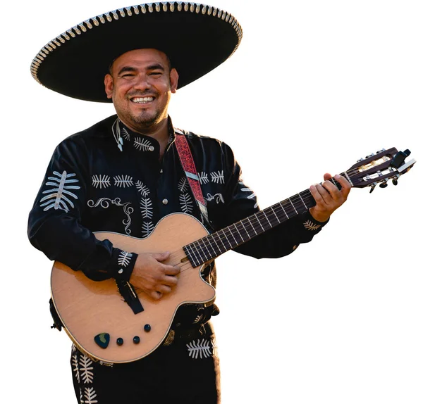 Músico Mexicano Mariachi Com Uma Guitarra Isolada Fundo Branco — Fotografia de Stock