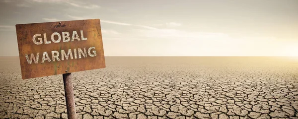 Rozsdás Jel Globális Felmelegedés Felirattal Száraz Repedezett Sivatag Hátterében Éghajlatváltozás — Stock Fotó