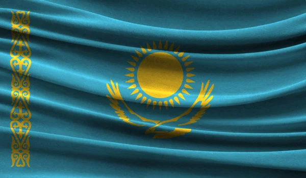 Realistic flag of Kazakhstan on the wavy surface of fabric