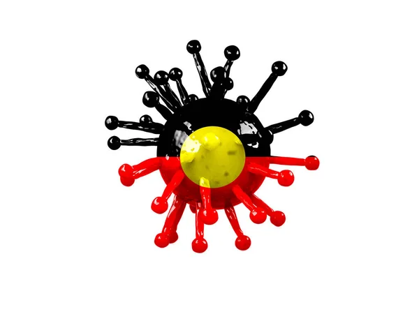 A coronovirus 3d rendering model with the name Covid-19 with the painted flag of Australian Aboriginal and isolated on a white background. The concept of the spread of the virus by country, quarantine, isolation. The work of the World Health Organiza