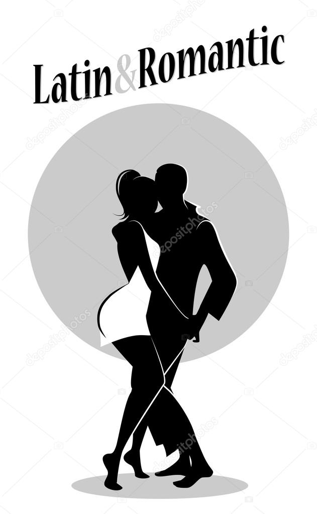Young couple silhouettes dancing latin music