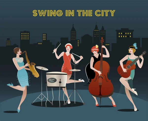 Empat gadis flapper bermain jazz, swing o charleston orchestra - Stok Vektor