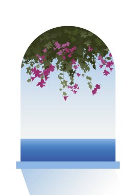 Bougainvillea çiçek. Deniz Manzaralı bir pencereden. Vektör çizim.