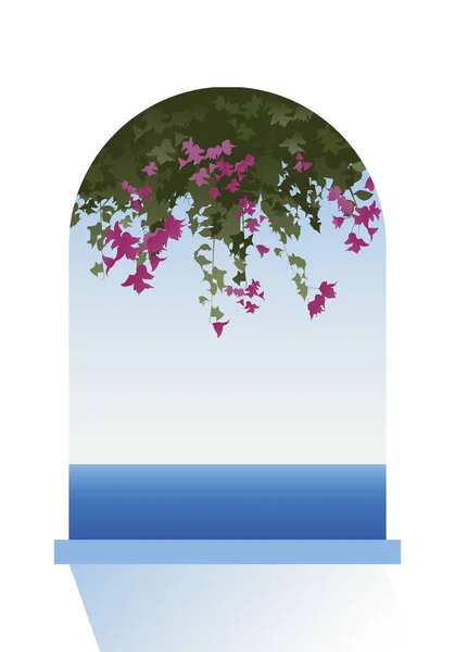 Bougainvillea blüht. Meerblick durch ein Fenster. Vektorillustration. — Stockvektor