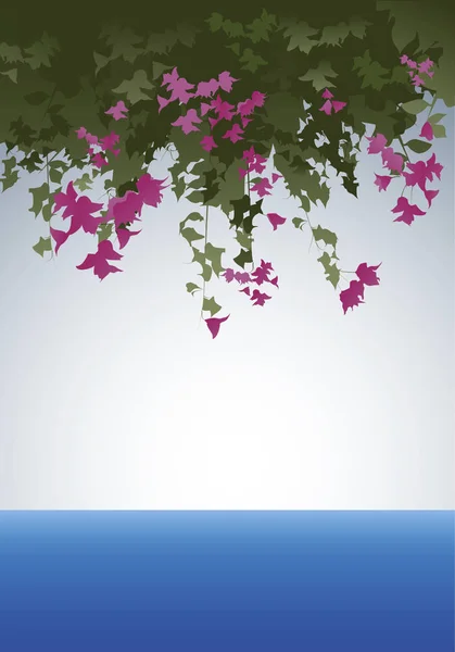 Λουλούδια και μπουκαμβίλιες. Θέα στη θάλασσα. Εικονογράφηση διάνυσμα. Πολυεπίπεδη. — Διανυσματικό Αρχείο