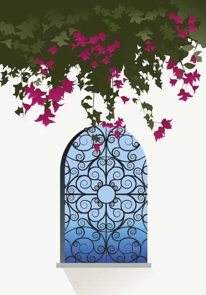 Бугенвиллия цветы. Вид на море через окно с декорированной решеткой — стоковый вектор