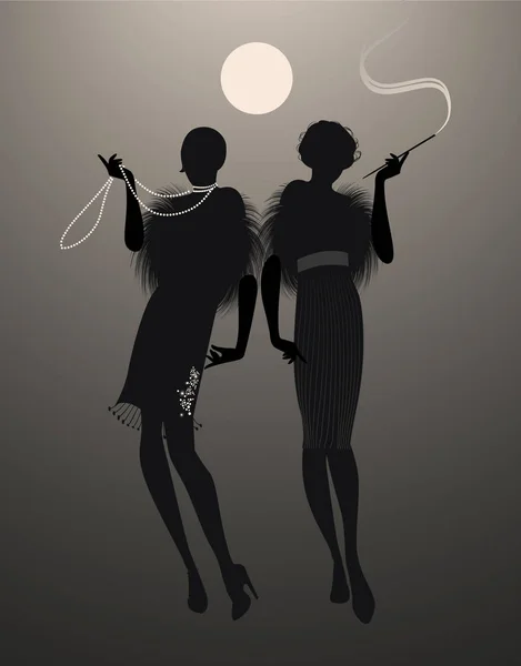 Dos elegantes siluetas flapper girl bajo la luna — Archivo Imágenes Vectoriales