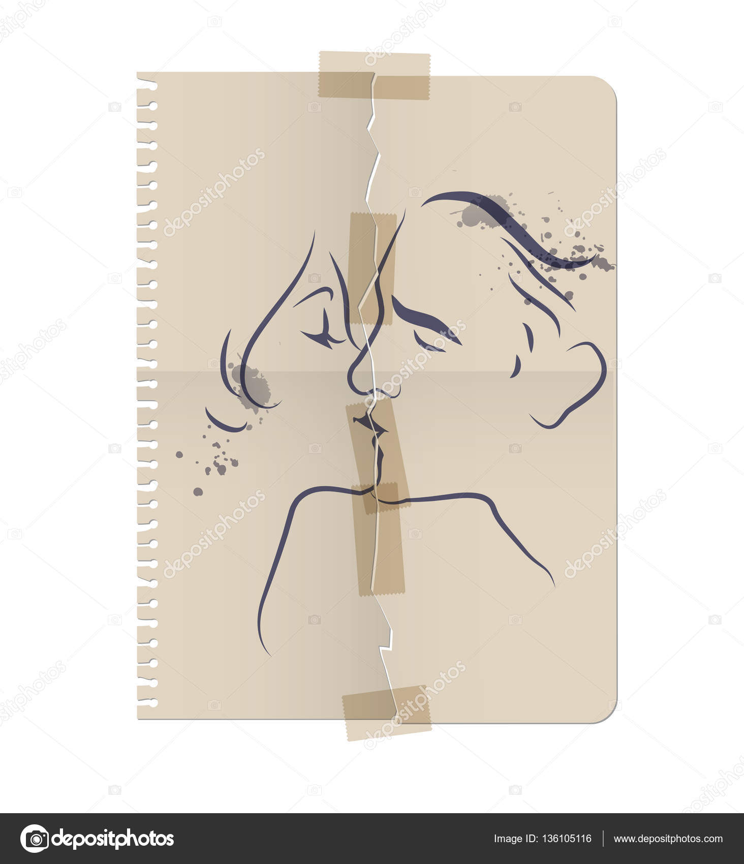 Disegno di una coppia baciare su un foglio di carta strappata e legata con nastro adesivo Illustrazione di vettore — Vettoriali di LaInspiratriz