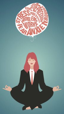 Yoga yaparken iş kadını. Meditasyon. Rahatlatıcı ve zorluklar salıverme. Retro tarzı.