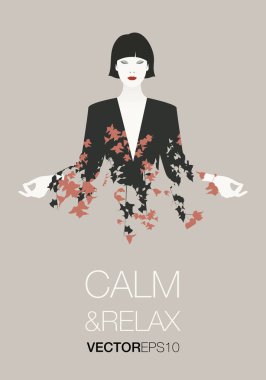 Yoga yaparken çiçekli giysili güzel ve zarif oryantal kadın. Sakin ol ve rahatla sembolü. 