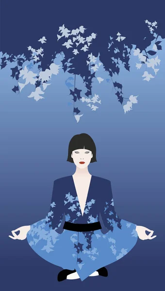 Mooie jonge Oosterse vrouw het dragen van een kimono doen yoga onder blauwe bloemen. Kalm en ontspannen symbool. — Stockvector