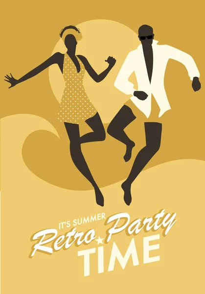 Funny couple wearing bath clothes dancing and jumping on the beach. Retro style. — Stock Vector