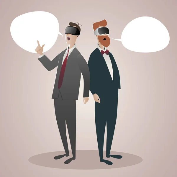 Dos hombres de negocios con gafas de realidad virtual 3D hablando de ello. Globos del habla . — Vector de stock