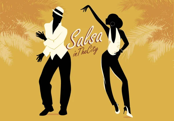 A fiatal pár salsa vagy latin zene tánc sziluettek. Vektoros illusztráció. — Stock Vector