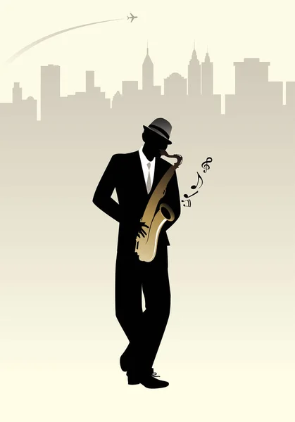 Silueta de hombre elegante tocando el saxofón. Skyline fondo de la ciudad — Vector de stock