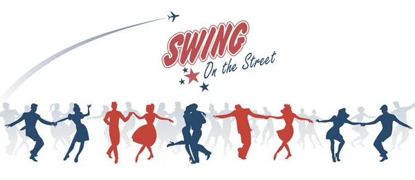 Grupo de jóvenes bailando swing, lindy o rock 'nroll en la calle — Vector de stock