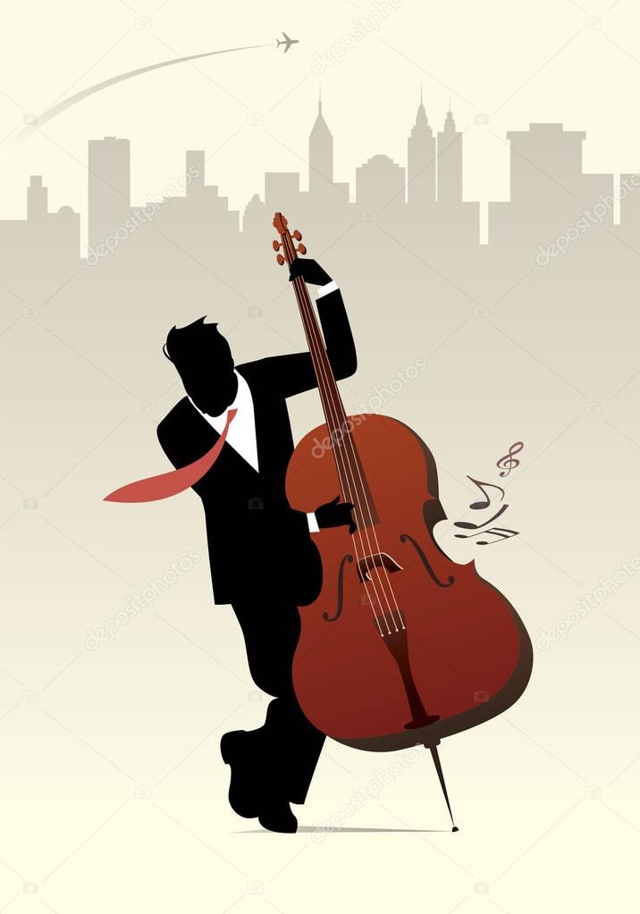 Elegant man silhouette playing double bass on skyline city background.