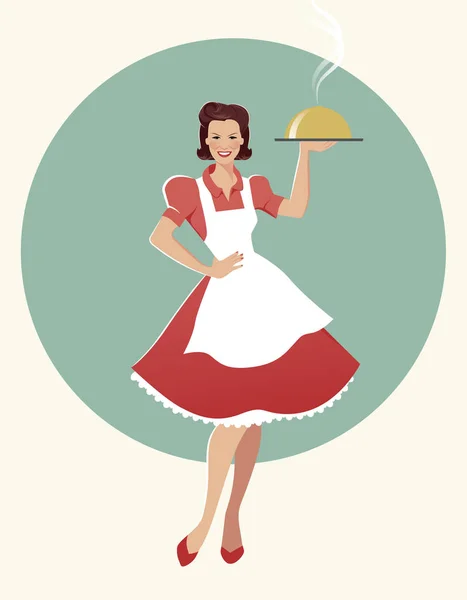 Housewife carrying a tray with dinner. Retro style. — Stock Vector