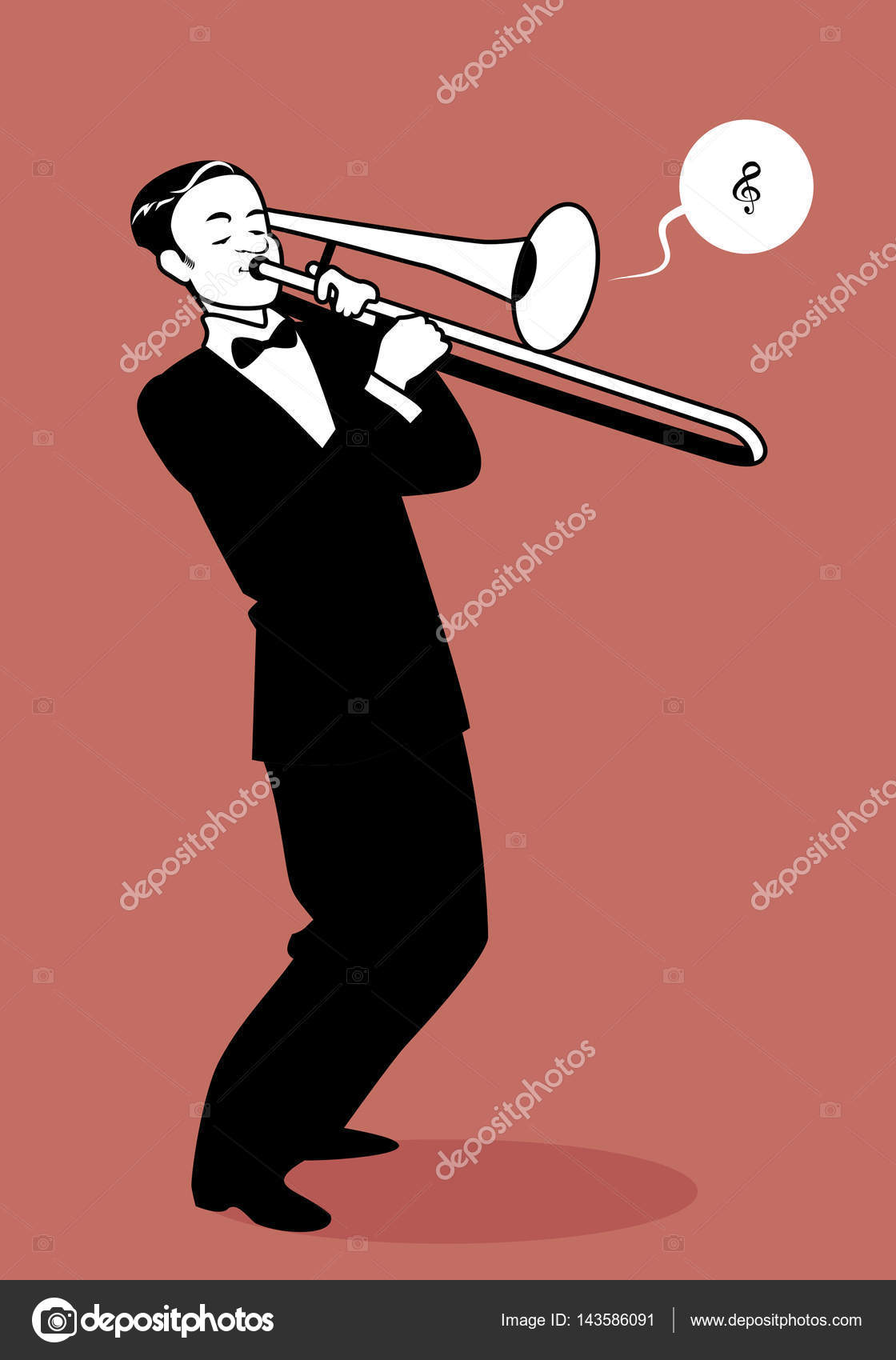 Retro cartoon music. Trombone player playing a song. Musical note Stock Vector Image by
