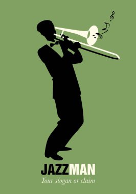 Retro cartoon music. Trombone player playing a song. Musical note clipart