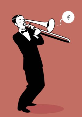 Retro cartoon music. Trombone player playing a song. Musical note clipart