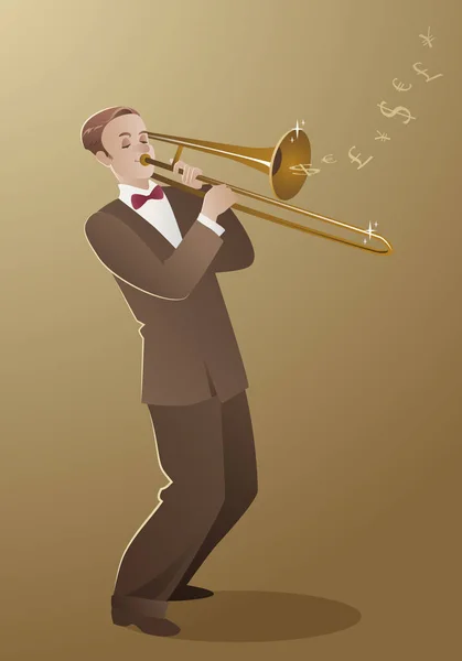 Money Melody. Trombone player playing a song that sounds like money — Stock Vector