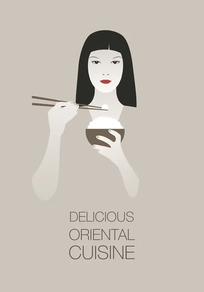 Mujer oriental comiendo arroz. Ilustración vectorial — Vector de stock