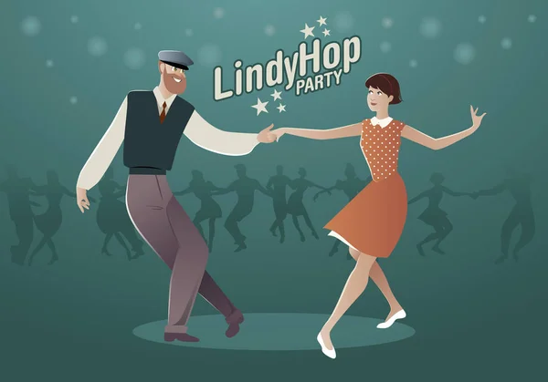 Lindy Hop parti. Genç hippi çift swing dansı. Karikatür tarzı — Stok Vektör