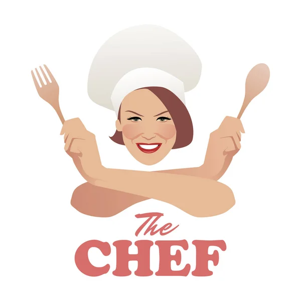 Mujer Chef. Hermoso cocinero con cuchara de madera y tenedor . — Vector de stock