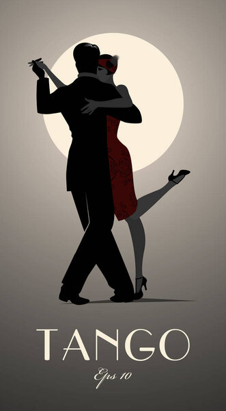 Couple dancing tango under the moon. Vector illustration
