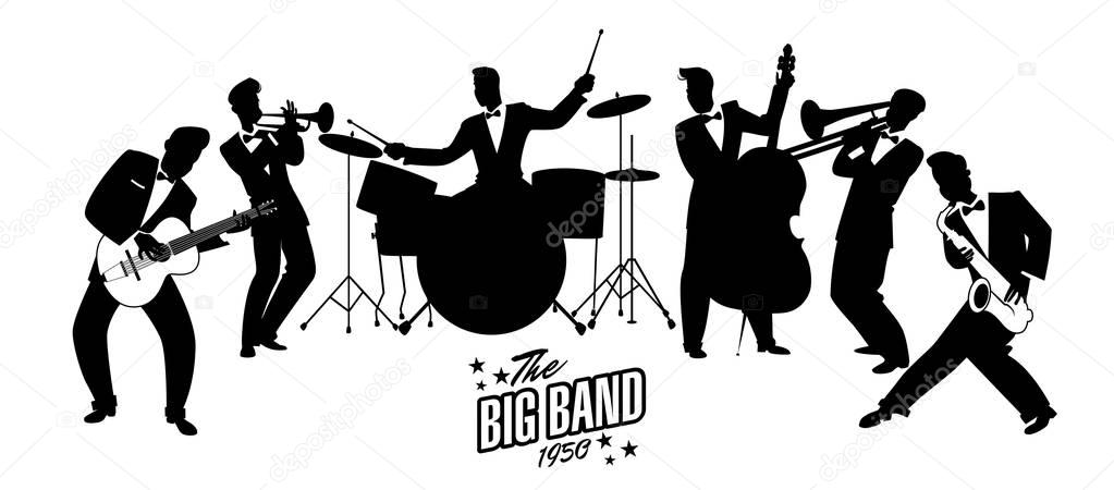 Jazz Swing Orchestra. Retro style. Cartoon vector illustration. 