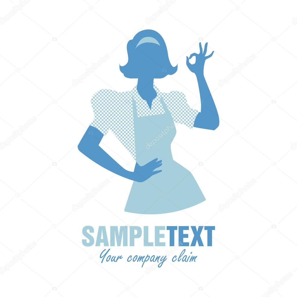 Housewife silhouette wearing kitchen apron saying OK. Logo Retro style.