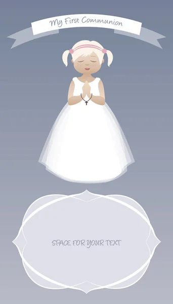 My first communion celebration reminder. Cute girl wearing white — Stock Vector