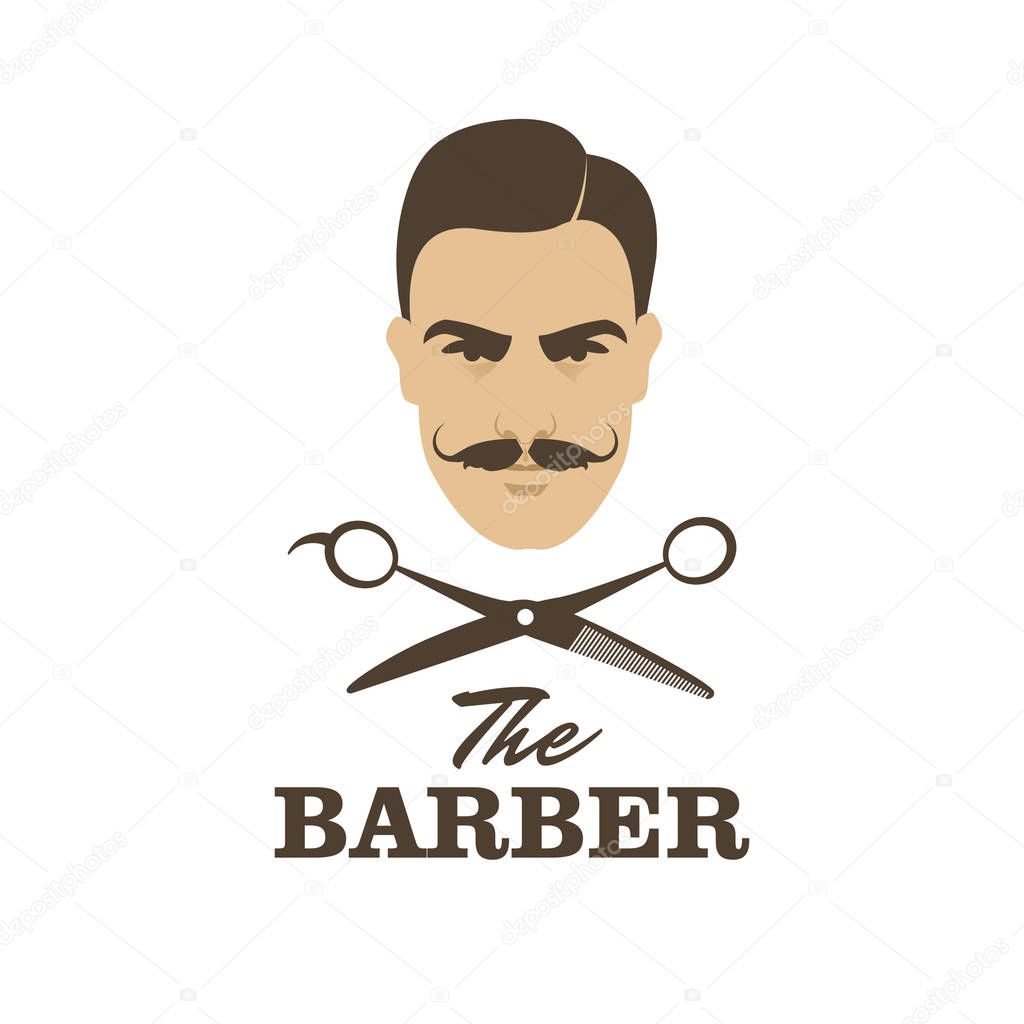 The Barber. Handsome man with mustache. Scissors. Barber shop sy