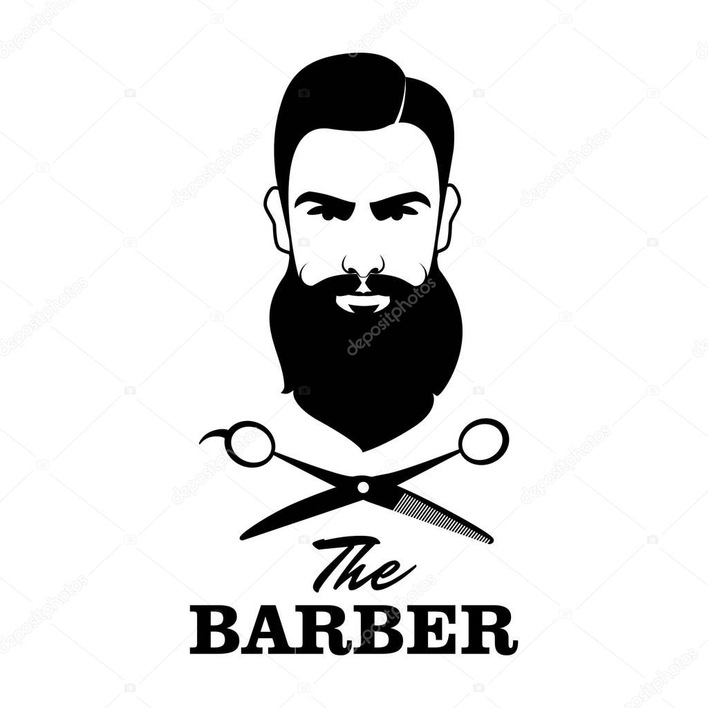 The Barber. Handsome man with beard and mustache. Scissors. 