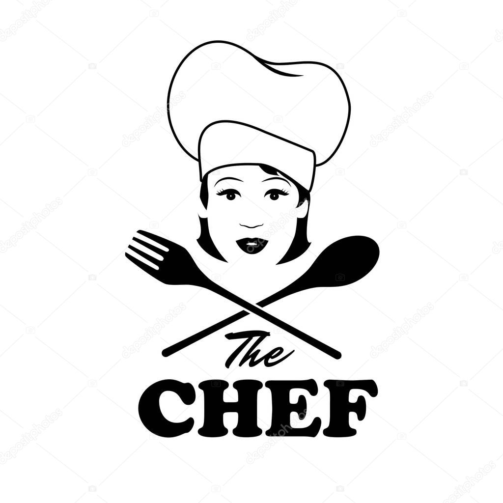 Woman Chef. Beautiful cook with wooden spoon and fork. Retro style