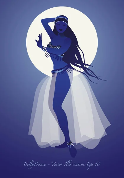 Bella pancia danzatrice silhouette sotto la luna indossa vestiti esotici — Vettoriale Stock