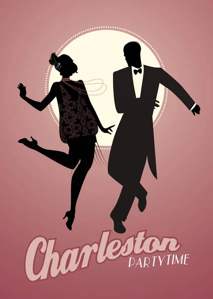 Elegant couple silhouettes wearing 20's style clothes dancing charleston. — Stock Vector